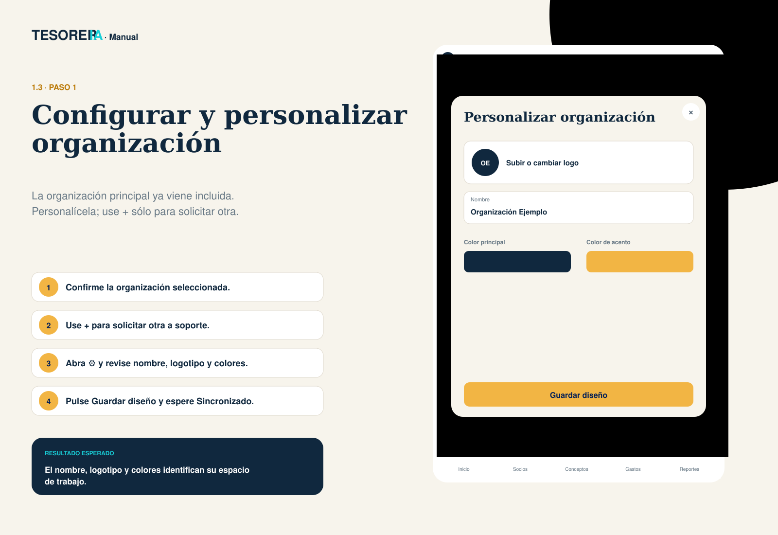 Guía visual para configurar y personalizar la organización incluida